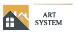 Kompletne logo firmy "ART SYSTEM". Po lewej stronie znajduje się sygnet z dachami domów na pomarańczowym tle, a po prawej stronie umieszczono ciemnoszary napis "ART SYSTEM". Nad napisem znajduje się cienka, pozioma linia w kolorze złotym.